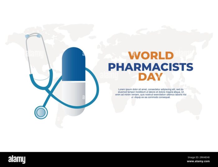 world pharmacists day background with stethoscope earth map and drug 2RK4EH0 Healthcare